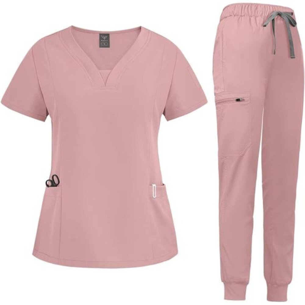 Scrub Suit Set for Women Modern V-neck Top & Tapered Leg Jogger Pants